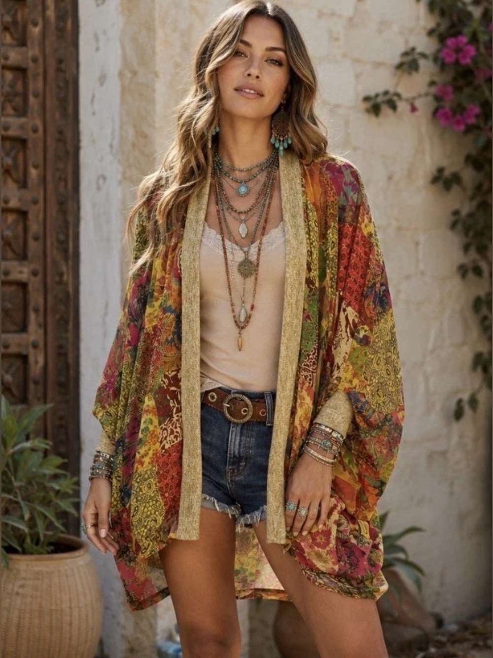 H259 NWT Young Thread L ptp38 Boho Multicolor Patchwork Kimono Shrug Jacket